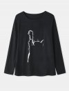 Cat Print Long Sleeves O-neck Casual T-shirt For Women