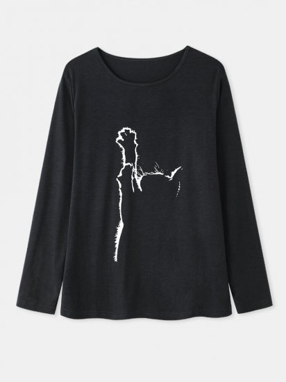 Cat Print Long Sleeves O-neck Casual T-shirt For Women - Click Image to Close