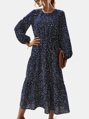 Polka Dot Print Long Sleeves O-neck High Waist Dress