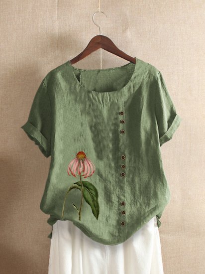 Floral Printed Short Sleeve O-Neck T-shirt For Women - Click Image to Close