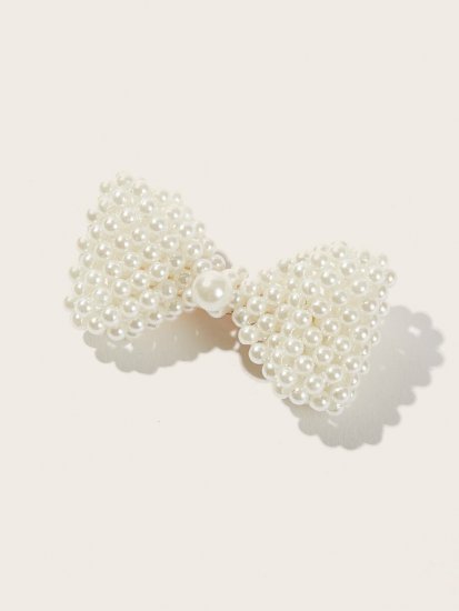 Faux Pearl Decor Bow Shaped Hair Clip - Click Image to Close