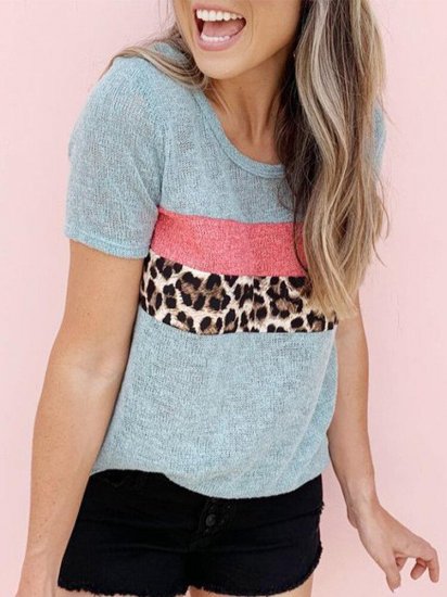 Leopard Printed O-neck Short Sleeve Casual T-shirt - Click Image to Close