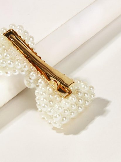 Faux Pearl Decor Bow Shaped Hair Clip - Click Image to Close