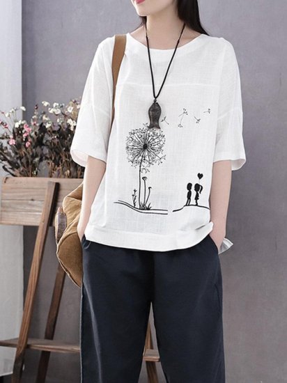 Summer Print Flower Casual Short Sleeve Cotton T-Shirt - Click Image to Close