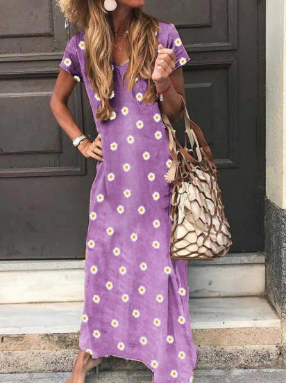 Floral Printed Short Sleeve V-neck Maxi Dress - Click Image to Close