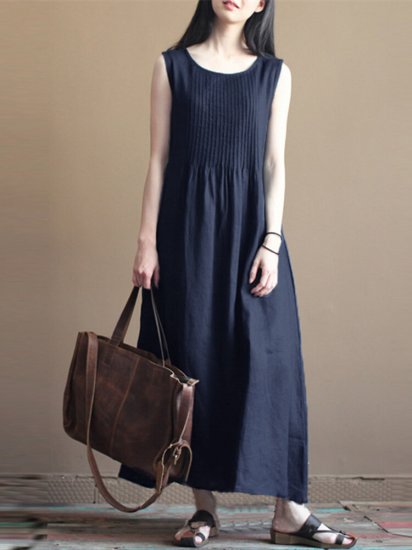 Vintage Pleated Sleeveless Pure Color O-neck Dresses - Click Image to Close