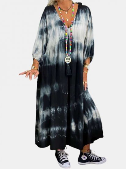 Tie-dye Long Sleeve V-neck Midi Dress - Click Image to Close