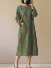 Vintage Floral Print O-neck Long Sleeves Split Hem Casual Dress