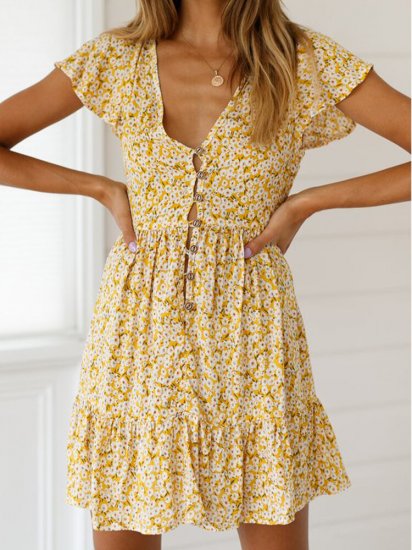 Floral Print Short Sleeve Button Mini Dress For Women - Click Image to Close