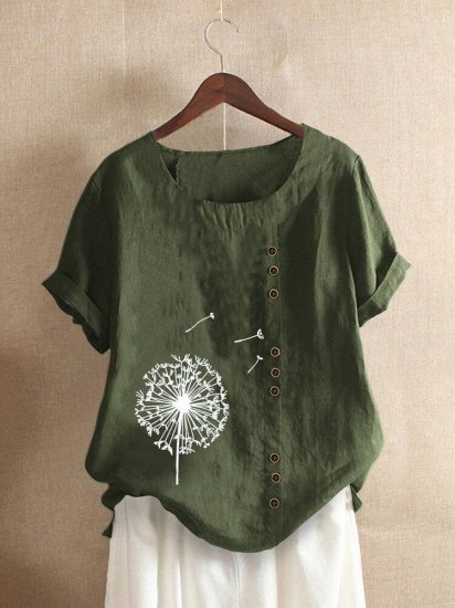 Floral Printed Short Sleeve Button T-shirt For Women - Click Image to Close