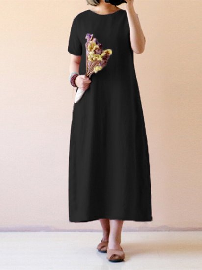 Pure Color Short Sleeve Long Maxi Vintage Dresses - Click Image to Close