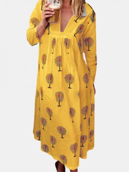 Trees Print Long Sleeve V-neck Maxi Dress For Women - Click Image to Close