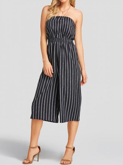 Striped Print Pocket Off-shoulder Sleeveless Casual Jumpsuit for Women - Click Image to Close