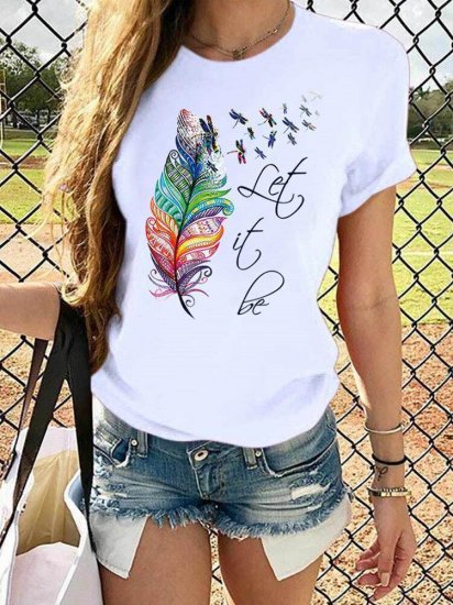 Feather Dragonfly Print Short Sleeve Casual T-shirt For Women - Click Image to Close